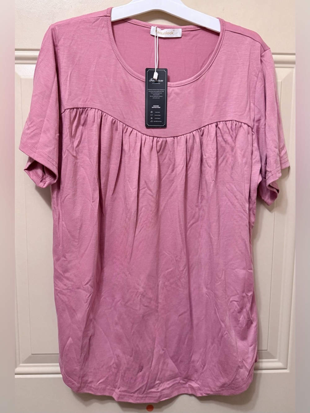 Fantaslook Short Sleeved Tee Shirt with Scoop Neck and Front Yoke Rose Pink SZ L